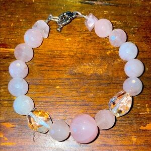Elegant Pink Rose quartz Beaded Bracelet/ sterling silver clasp
